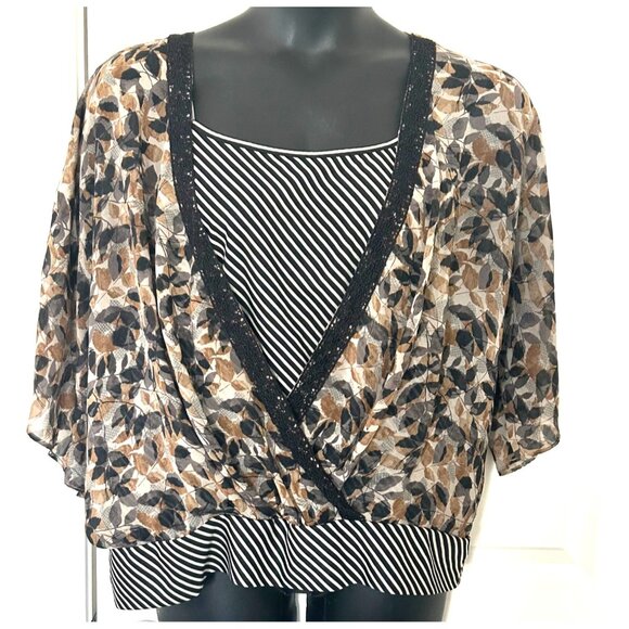 Sheer Floral & Striped Layered Blouse With Sequin Trim - Size18/20 - Picture 1 of 7